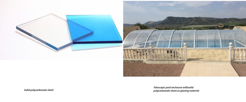Solid polycarbonate sheet to telescopic pool enclosure